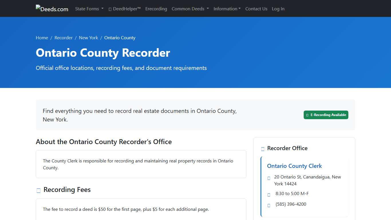 Ontario County Recorder Information, New York - Deeds.com